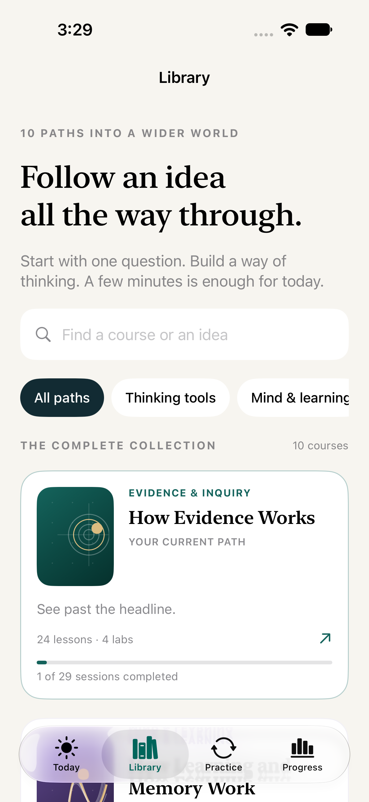 Curivana's course library, featuring How Evidence Works and How Memory Works